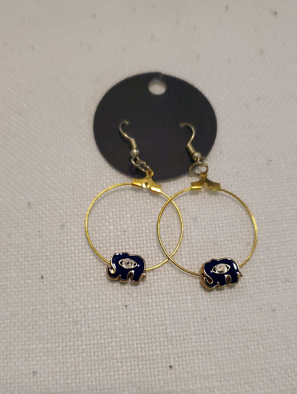 Gold Hoop Earrings with Navy Elephant Charm - Women Jewelry